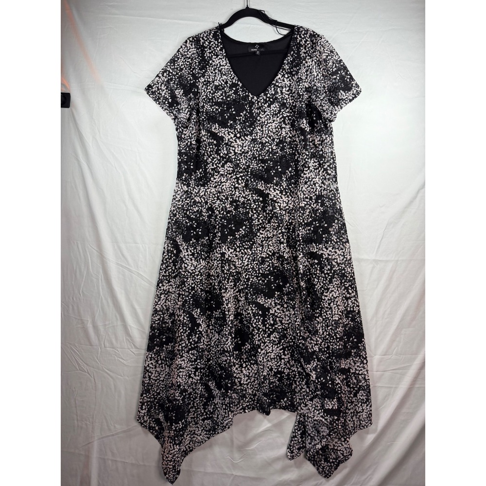 Ronni Nicole Womens 2X Black White‎ Floral Lace Sharkbite Hem Midi Dress V-Neck